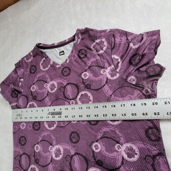 REI Women Purple Patterned Short Sleeve V-Neck Active Top T-Shirt Medium Stretch - Picture 5 of 6